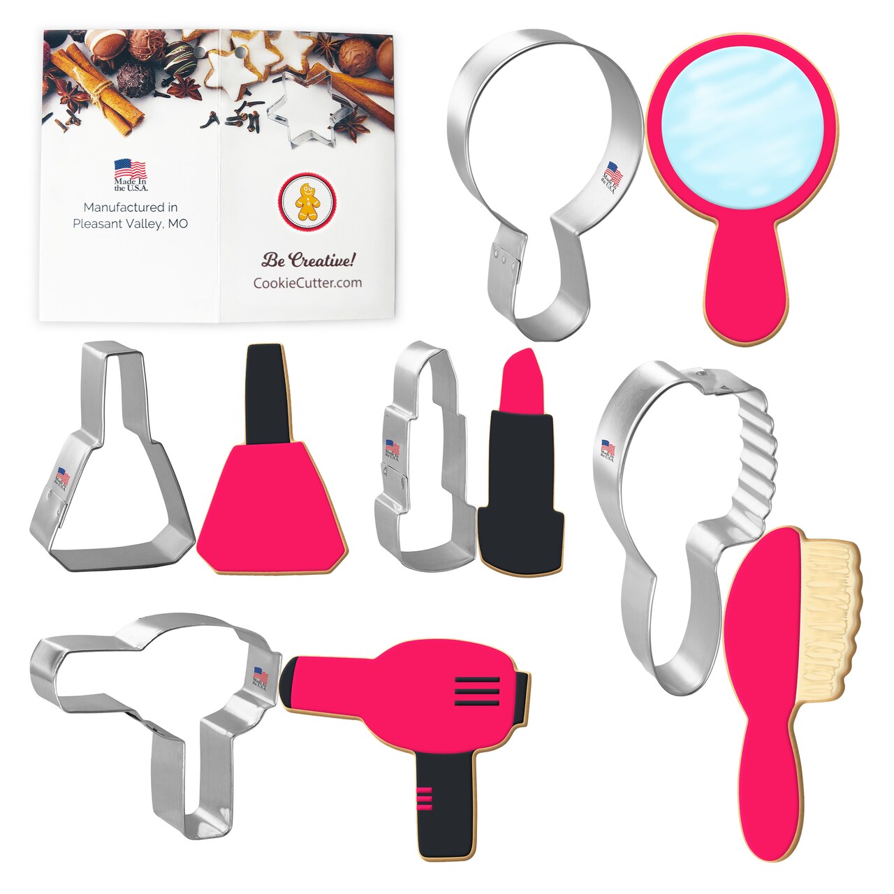 CookieCutter.com Diva 5 Piece Cookie Cutters Set, Mirror, Lipstick, Hair Brush, Nail Polish, Hair Dryer, Tin Plate Steel, USA